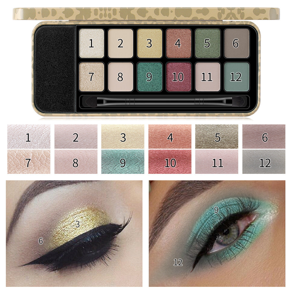 Palette de fards à paupières Romantic Beauty 12 couleurs léopard, fini mat nacré, avec pinceau