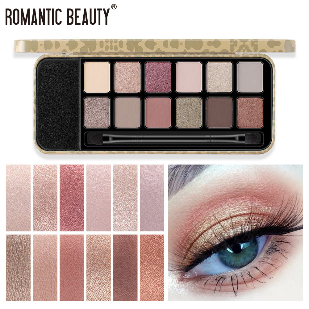 Palette de fards à paupières Romantic Beauty 12 couleurs léopard, fini mat nacré, avec pinceau