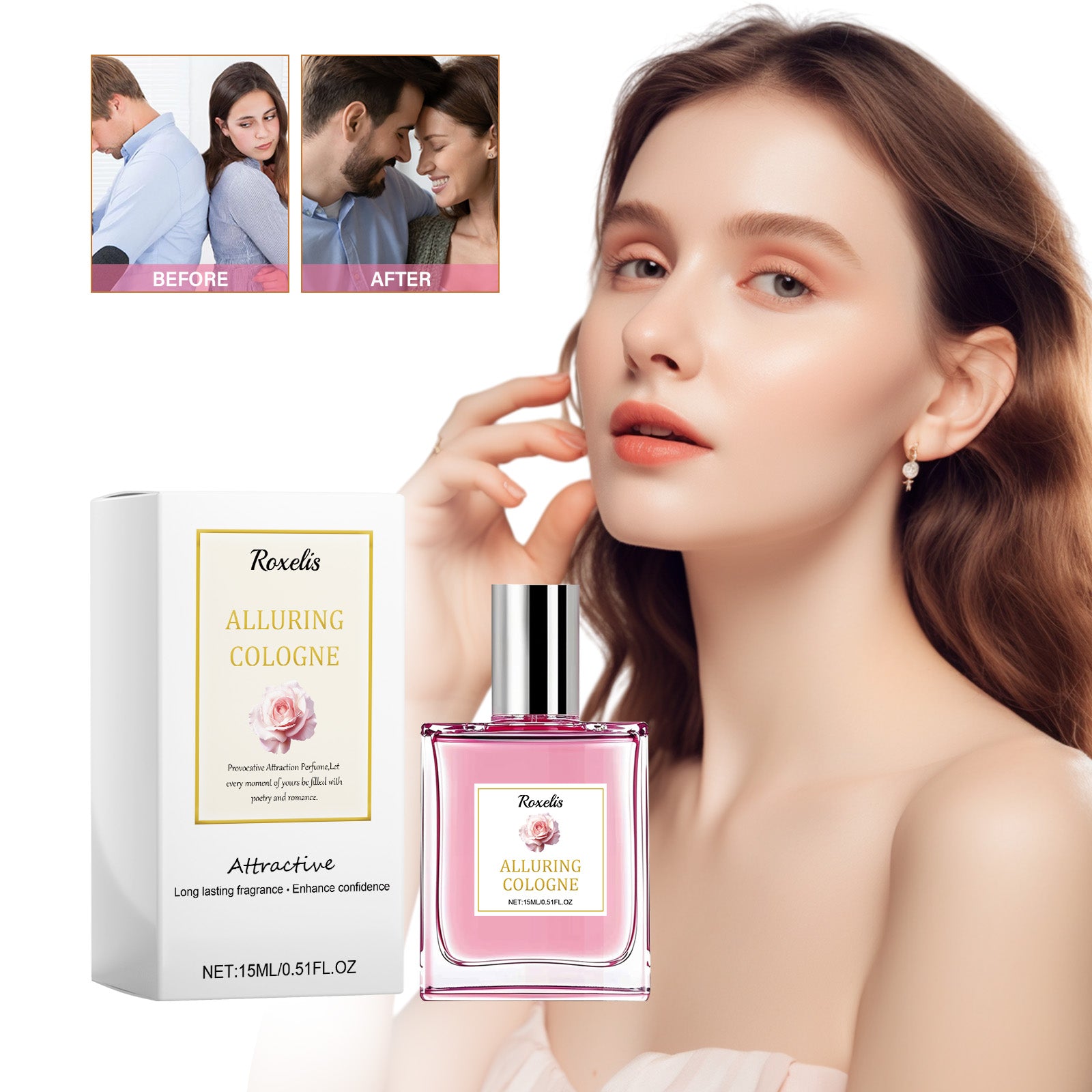 Parfum aux phéromones de rose, fragrance fraîche et légère, ambiance romantique, dégage du charme, longue tenue, pour femme.