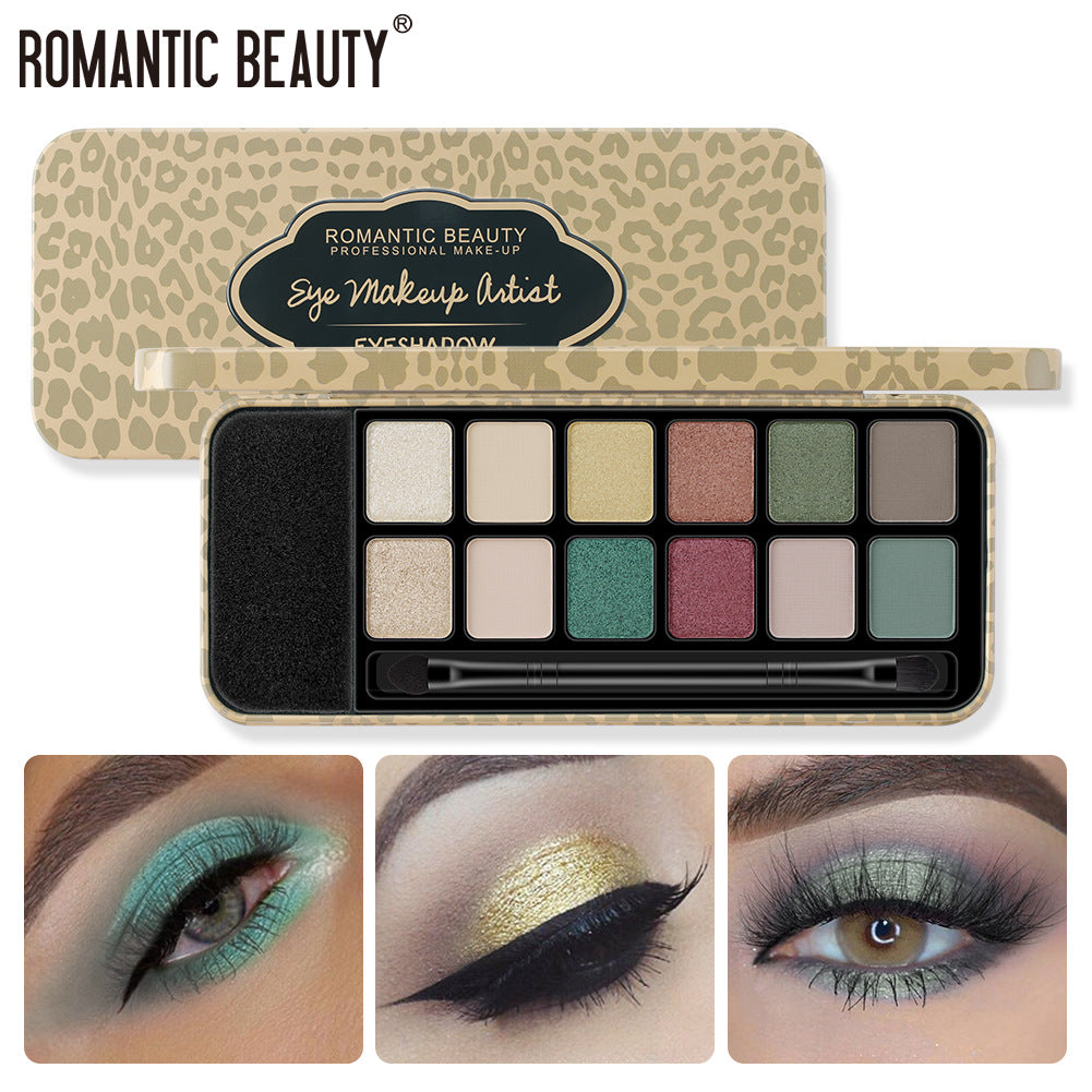 Palette de fards à paupières Romantic Beauty 12 couleurs léopard, fini mat nacré, avec pinceau