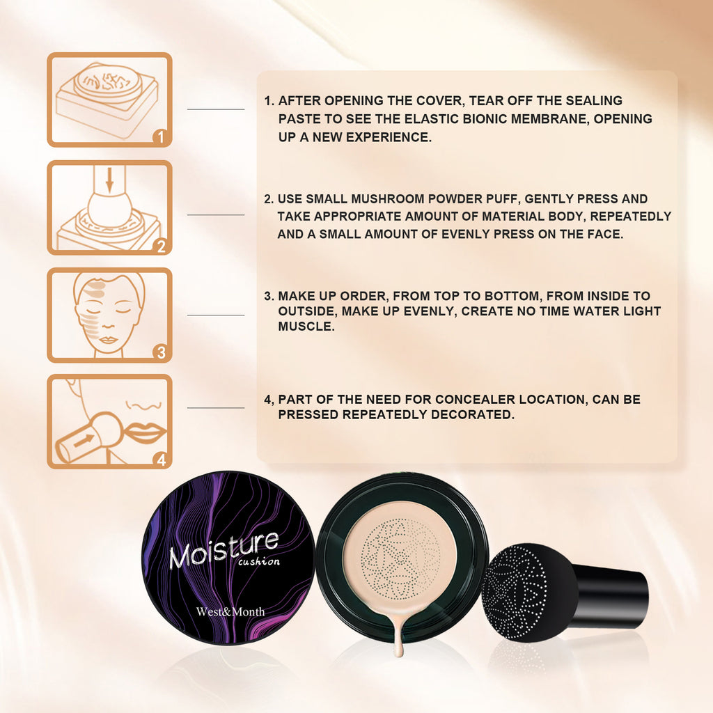 Correcteur hydratant West&Month Mushroom Head Air Cushion, effet naturel longue tenue et maquillage impeccable.