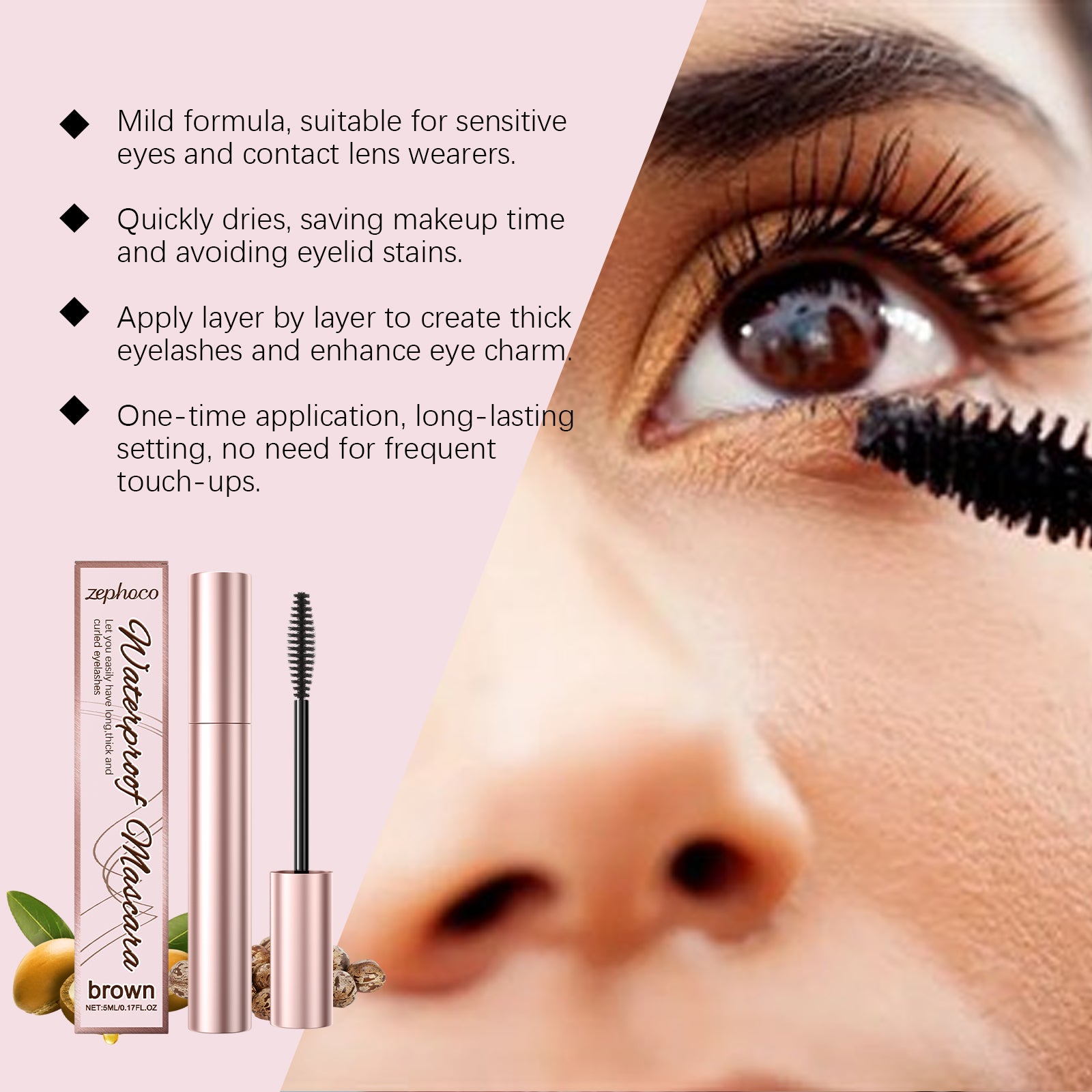 Mascara boucles brunes zephoco, hydrate quotidiennement, mascara fixateur beauté naturelle