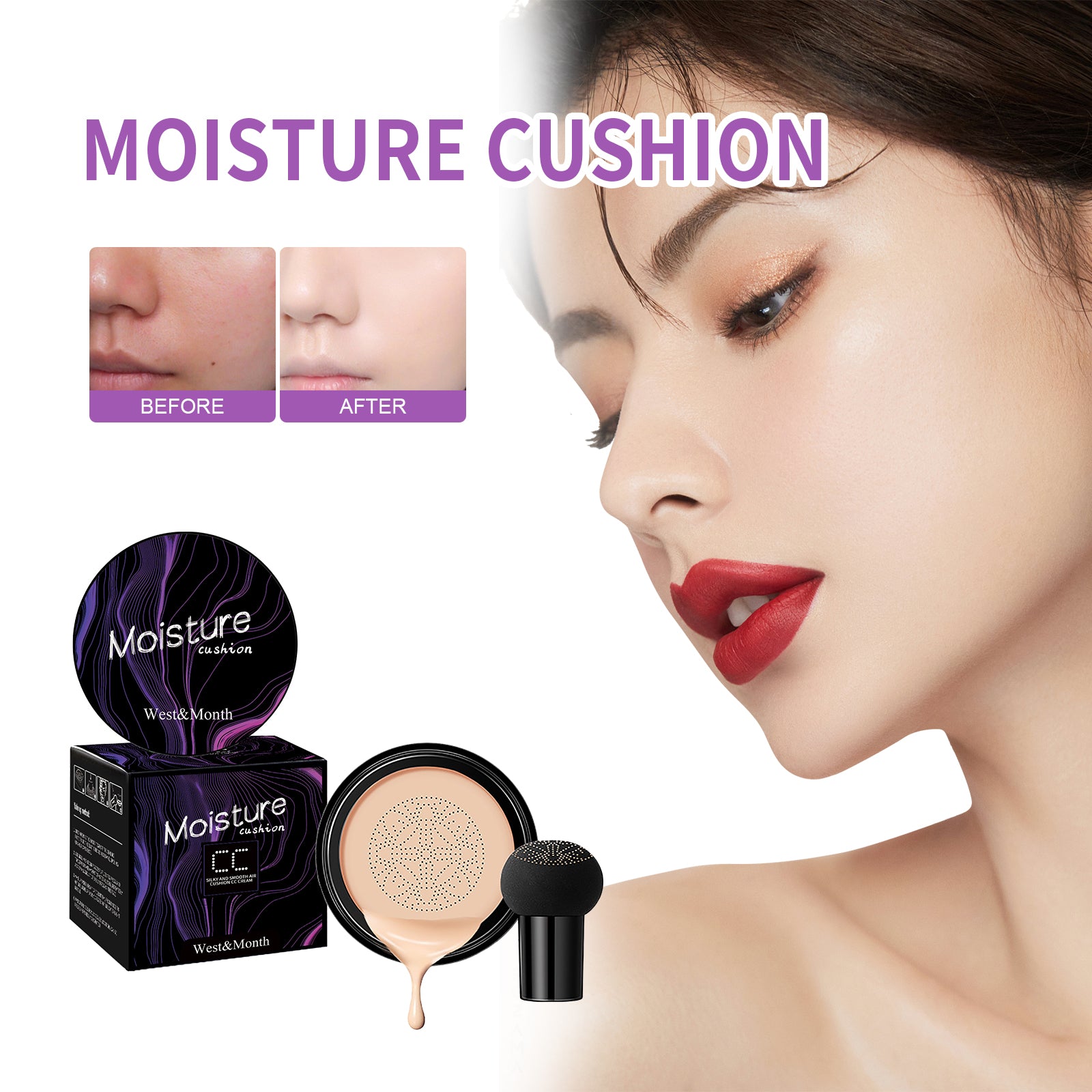 Correcteur hydratant West&Month Mushroom Head Air Cushion, effet naturel longue tenue et maquillage impeccable.