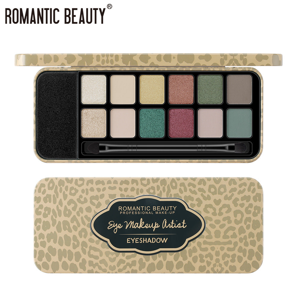 Palette de fards à paupières Romantic Beauty 12 couleurs léopard, fini mat nacré, avec pinceau