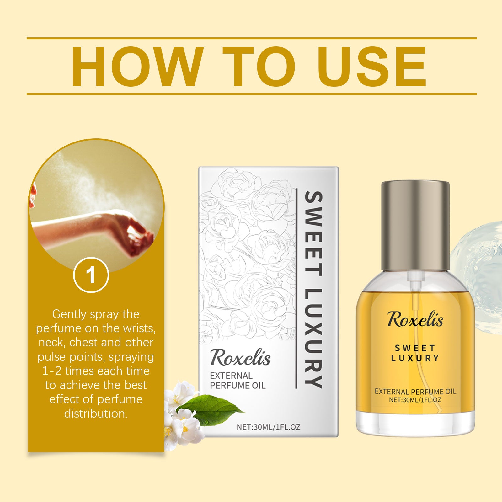 Parfum Roxelis au safran et au jasmin, fragrance naturelle, fraîche et longue durée, en spray