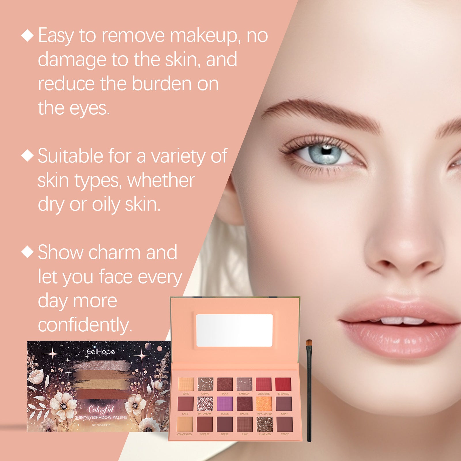 Palette de fards à paupières Eelhope 18 couleurs, maquillage des yeux, palette multicolore avec 18 couleurs pailletées pour un usage quotidien