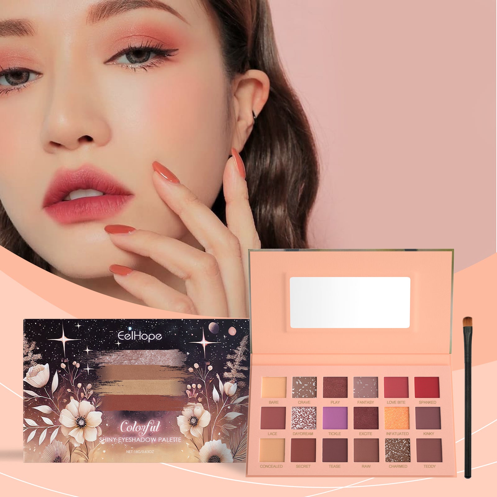 Palette de fards à paupières Eelhope 18 couleurs, maquillage des yeux, palette multicolore avec 18 couleurs pailletées pour un usage quotidien