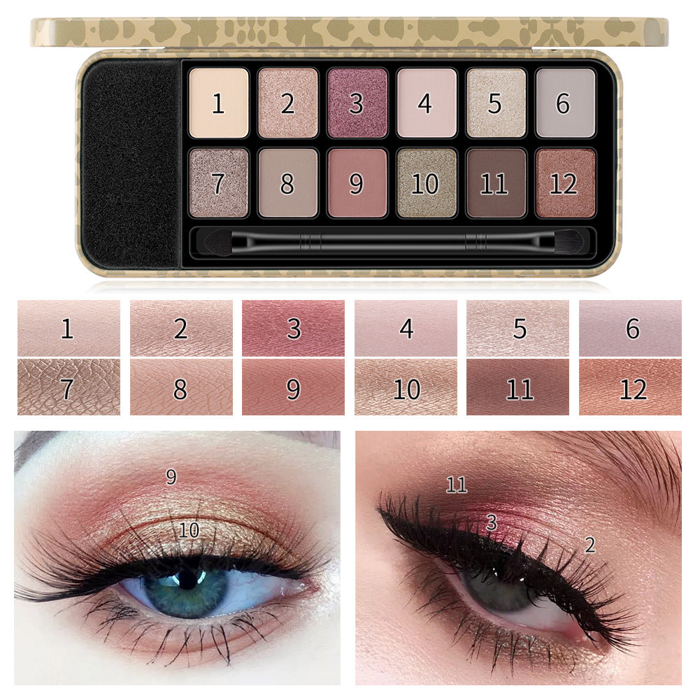 Palette de fards à paupières Romantic Beauty 12 couleurs léopard, fini mat nacré, avec pinceau